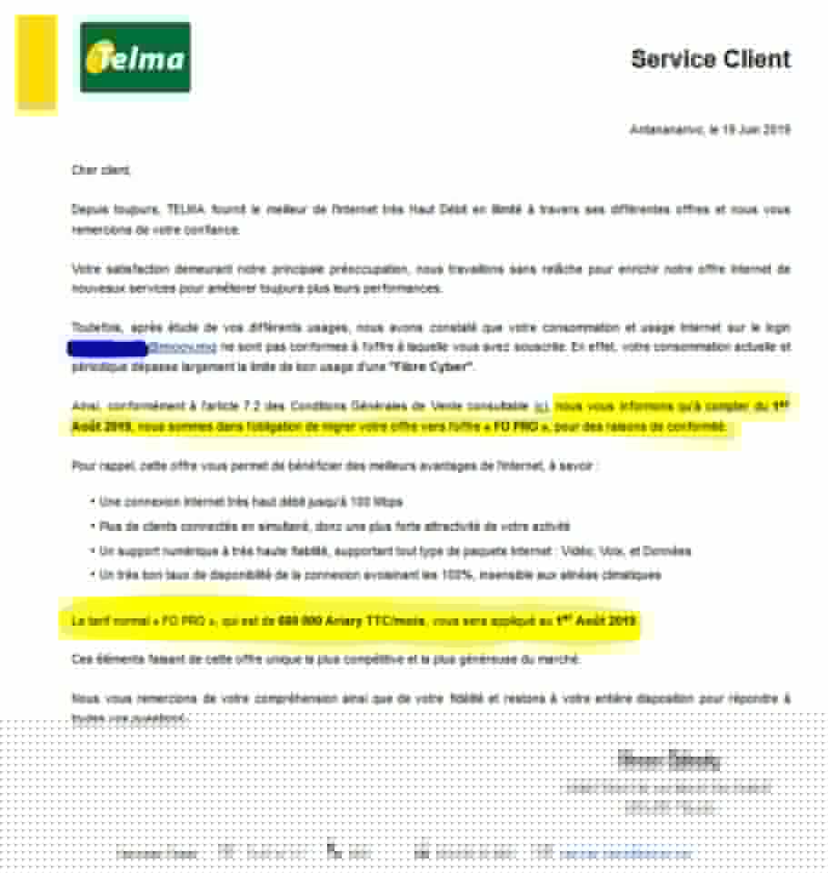 Augmentation de tarifs Internet Telma