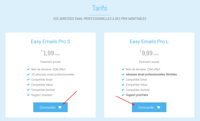 Choisissez l'offre Easy Emails Pro que vous préférez et cliquez sur "Commander"
