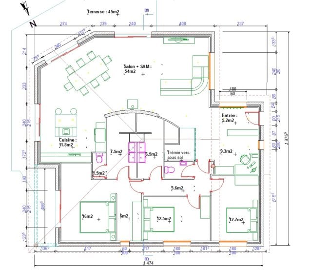 Plan d'une maison réalisé avec ArchiCad