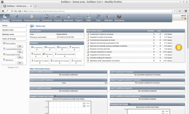 Interface du CRM gratuit Dolibarr