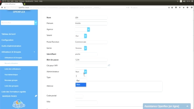 Création d’un utilisateur  type d'utilisateur openflex