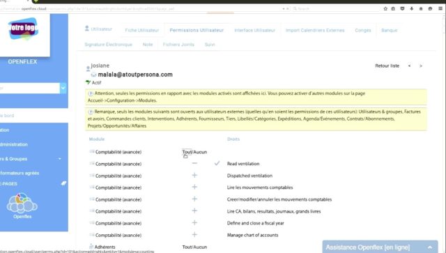 Cliquer sur "tout" pour attribuer tous les droits d'un module