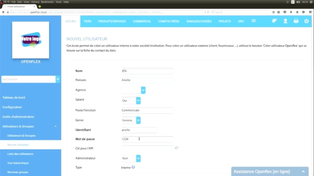 Création d’un utilisateur mot de passe openflex