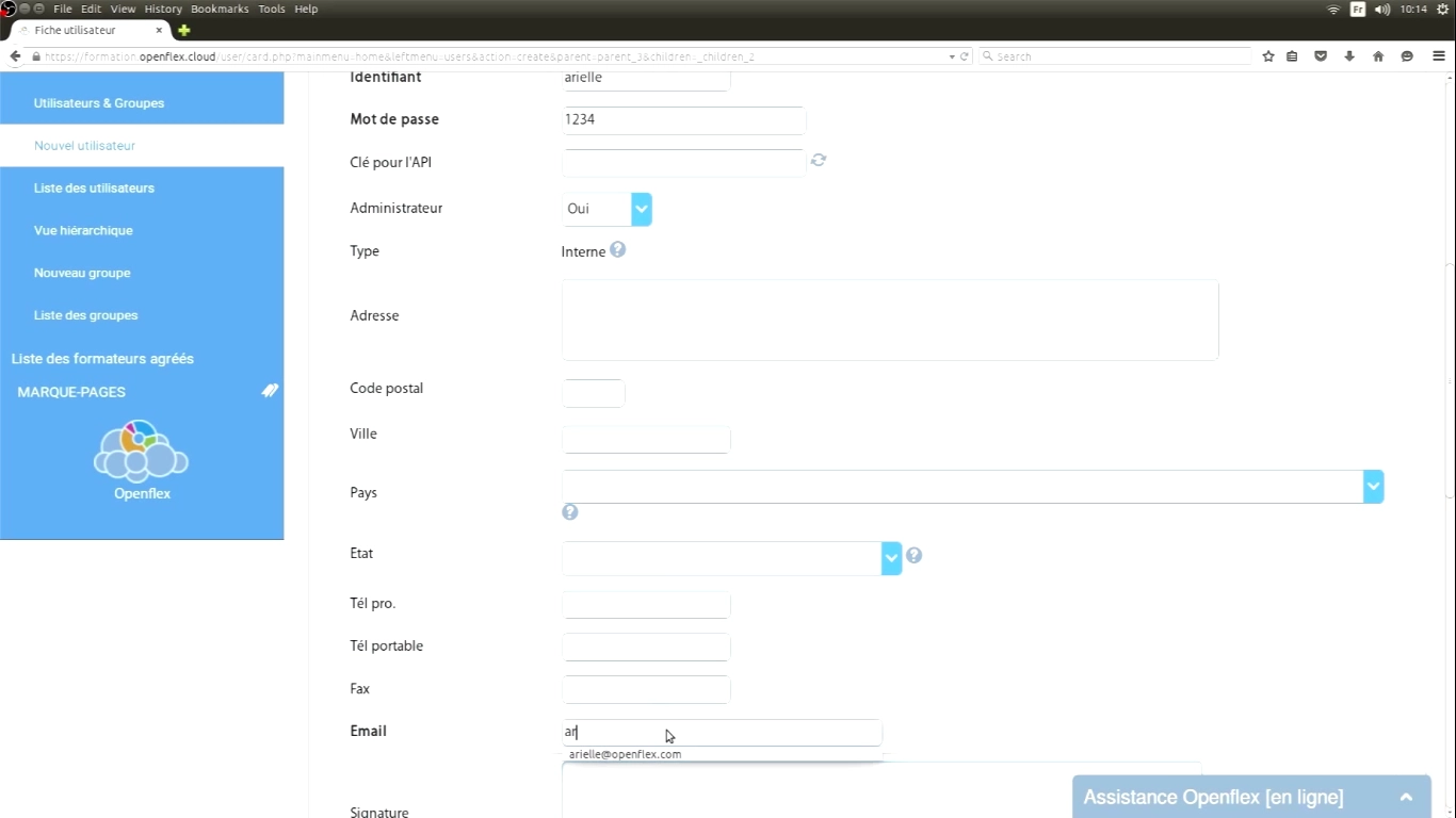 Création d’un utilisateur  Saisir l'adresse mail openflex