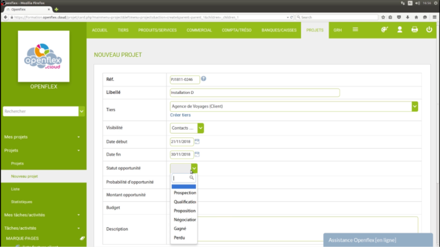 Le menu "statut opportunité"