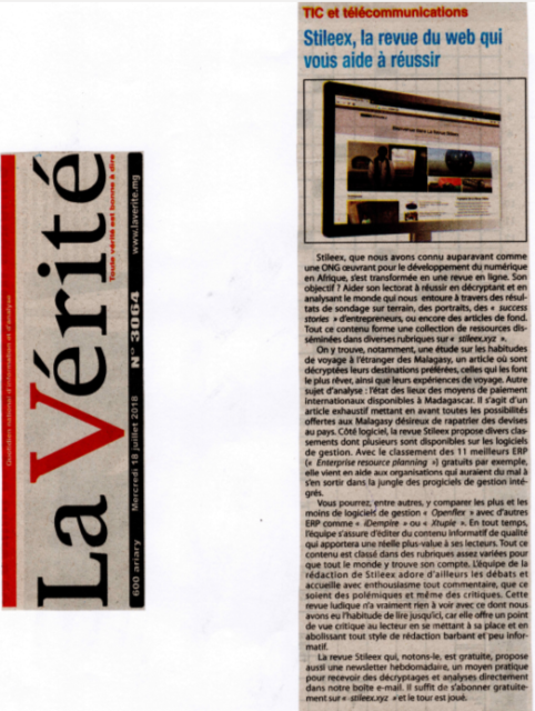 Stileex, la revue du web qui vous aide à réussir - Titre du 18 juillet 2018 sur La Vérité