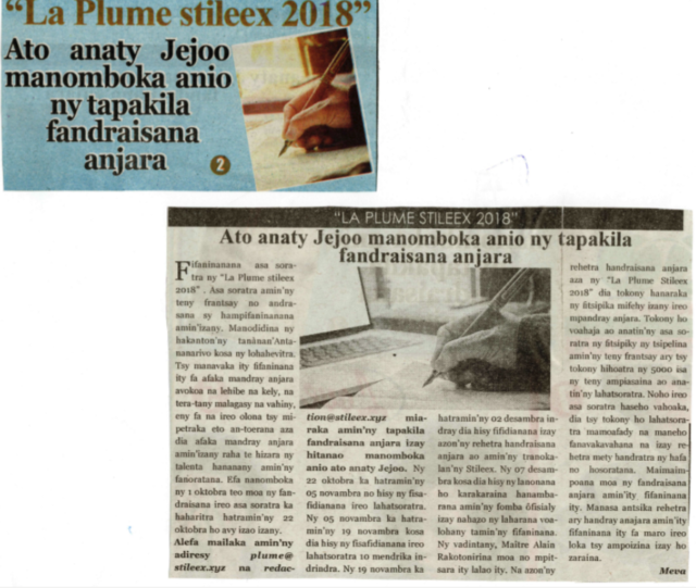 "La Plume Stileex 2018", ato anaty Jejoo manomboka anio ny tapakila fandraisana anjara - Titre du 05 octobre 2018 sur Jejoo