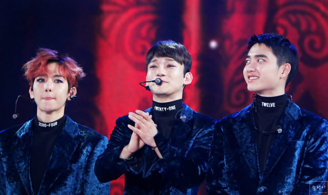 De gauche à droite : Baekhyun, DO et Chen, les "main vocalists" des EXO