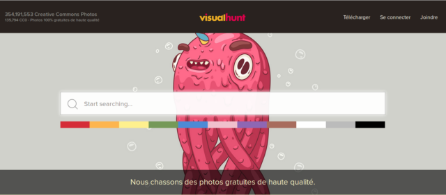 La page d'accueil de Visual Hunt va direct au but : chercher des images à télécharger gratuitement