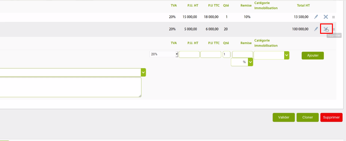 facture fournisseur-croix pour supprimer une ligne de facture