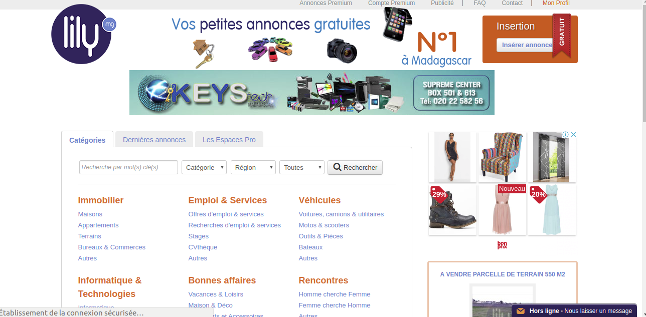 La page d'accueil du site nous montre déjà les différentes catégories d'annonces