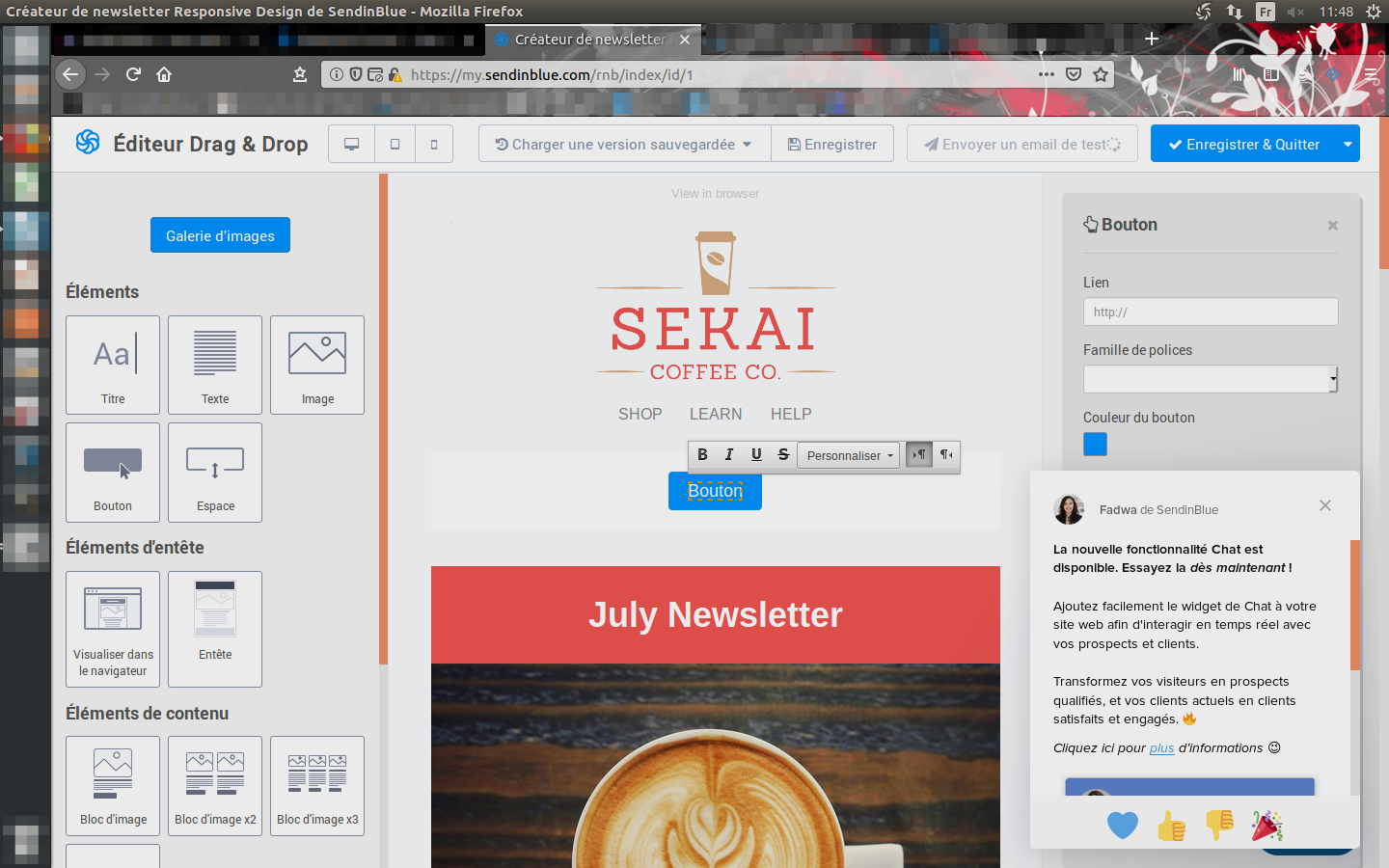 Une fenêtre pop-up où le staff de Sendinblue vous informe de la nouvelle fonctionnalité Chat disponible sur la plateforme