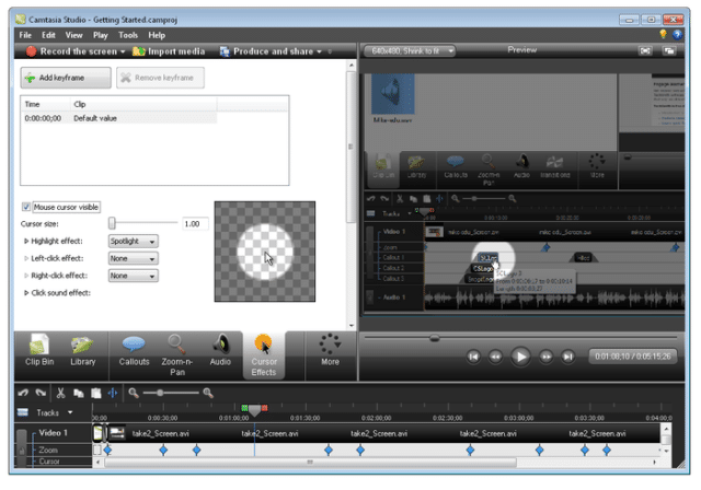 Rozhraní Camtasia, software pro editaci videa