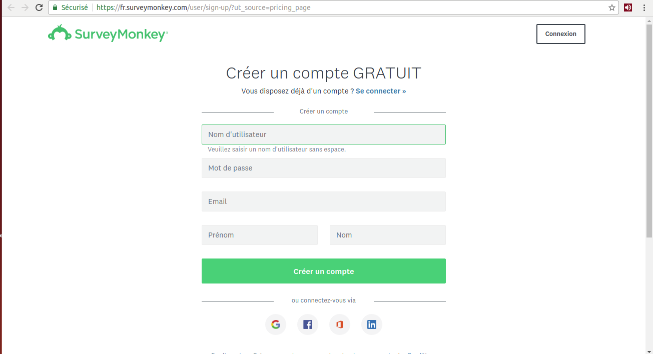 Survey Monkey's free account creation interface
